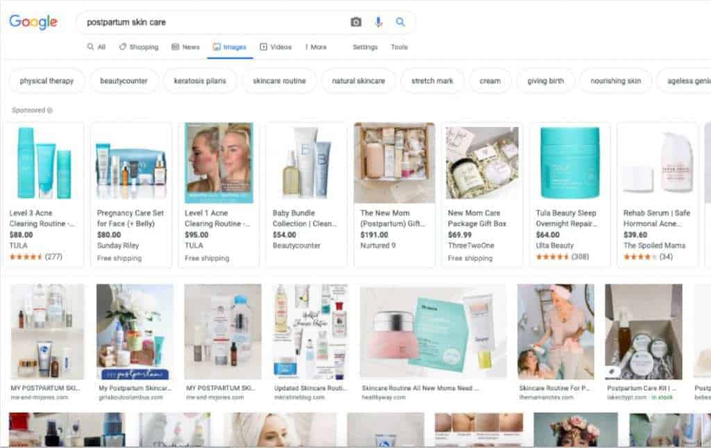 Brainstorming skin care product ideas by looking through images on Google.