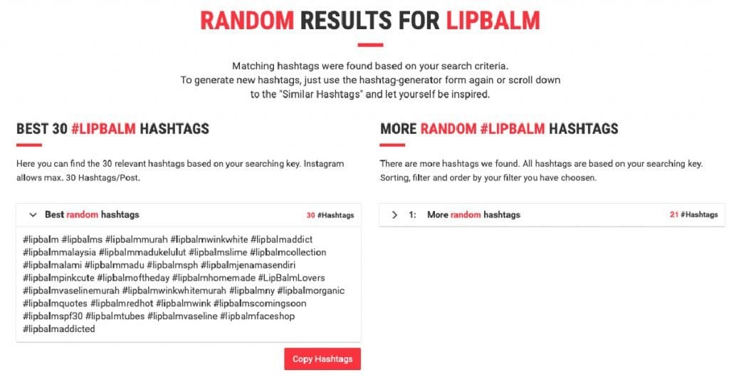 Results for lip balm hashtags on a hashtag generator website.