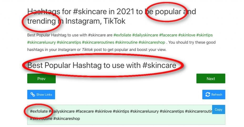 Screenshot of popular hashtags to use with #skincare.