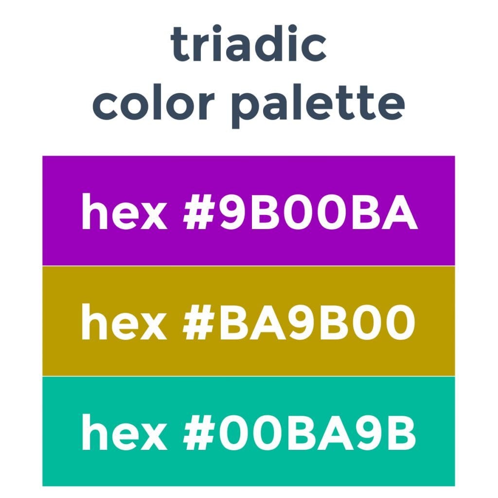 Triadic color palette example using bright purple, mustard yellow, and greenish turquoise.