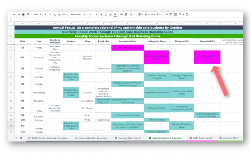 Spreadsheet example for a skin care content calendar.