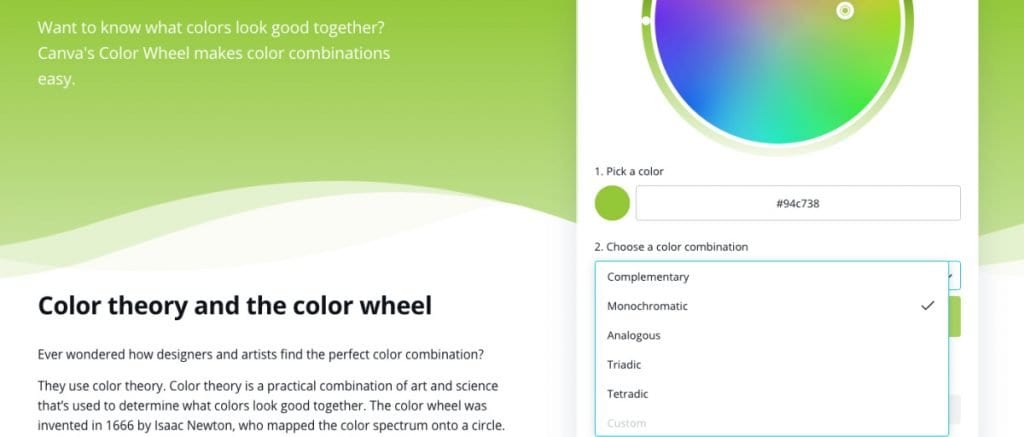 Color wheel tool showing a green palette example.