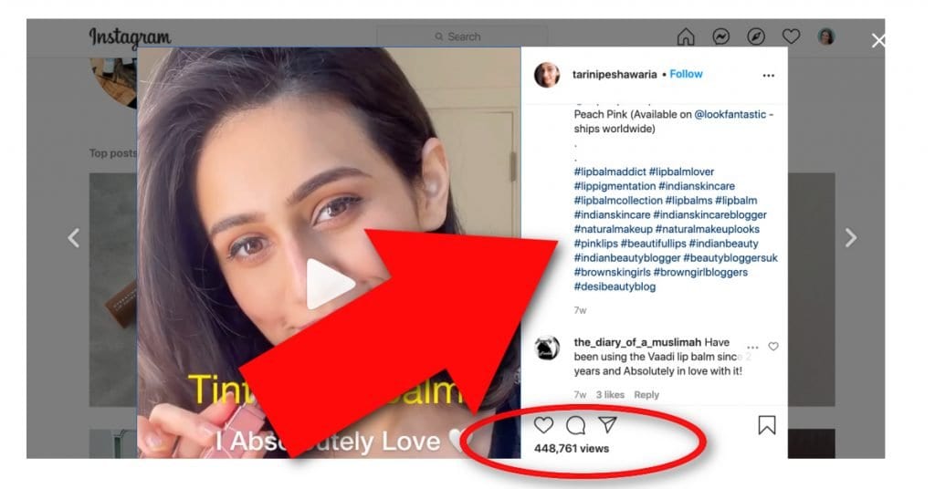 Screenshot of popular post with hashtags circled for ideas.