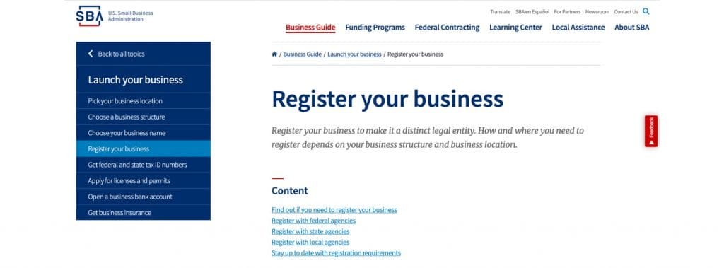 Screenshot of the SBA website to register your skin care business name once you decide.