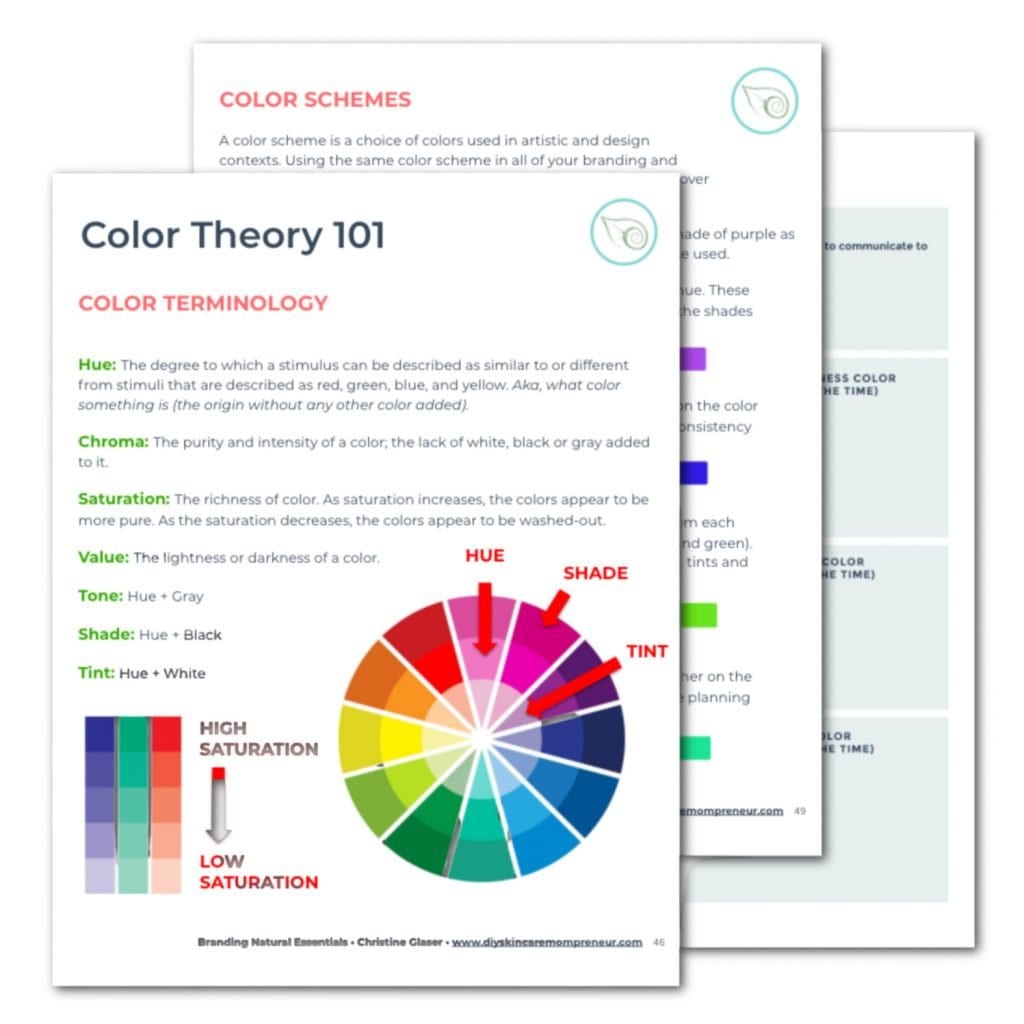 Color Palettes, ebook screenshot of section 5 in the skin care business branding guide.