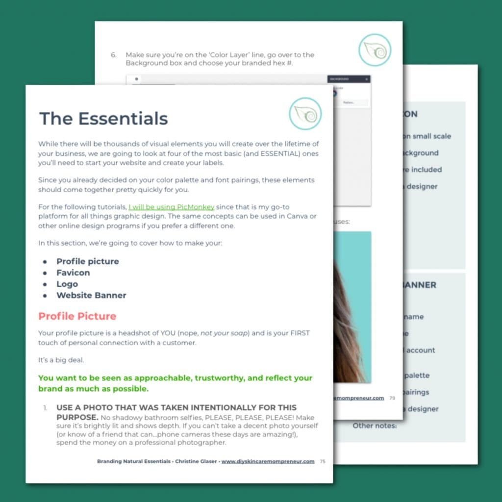 Essential Visual Elements, ebook screenshot of section 8 in the skin care business branding guide.
