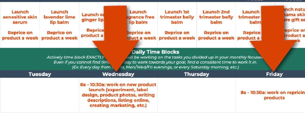 Setting daily time blocks on the content planner for skin care businesses.