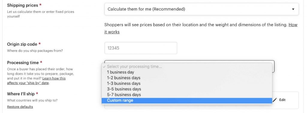 Screenshot of editing vacation processing times for your skin care business on Etsy