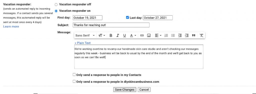 Setting email responses on Gmail Suite while taking a vacation from your handmade skin care business