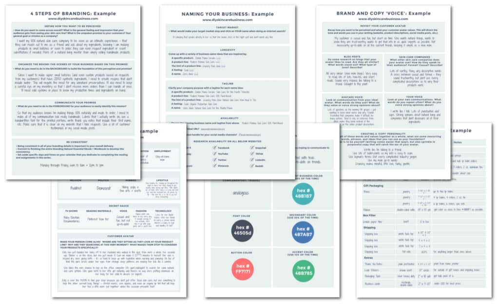 Completed worksheets are included in the skincare business guide