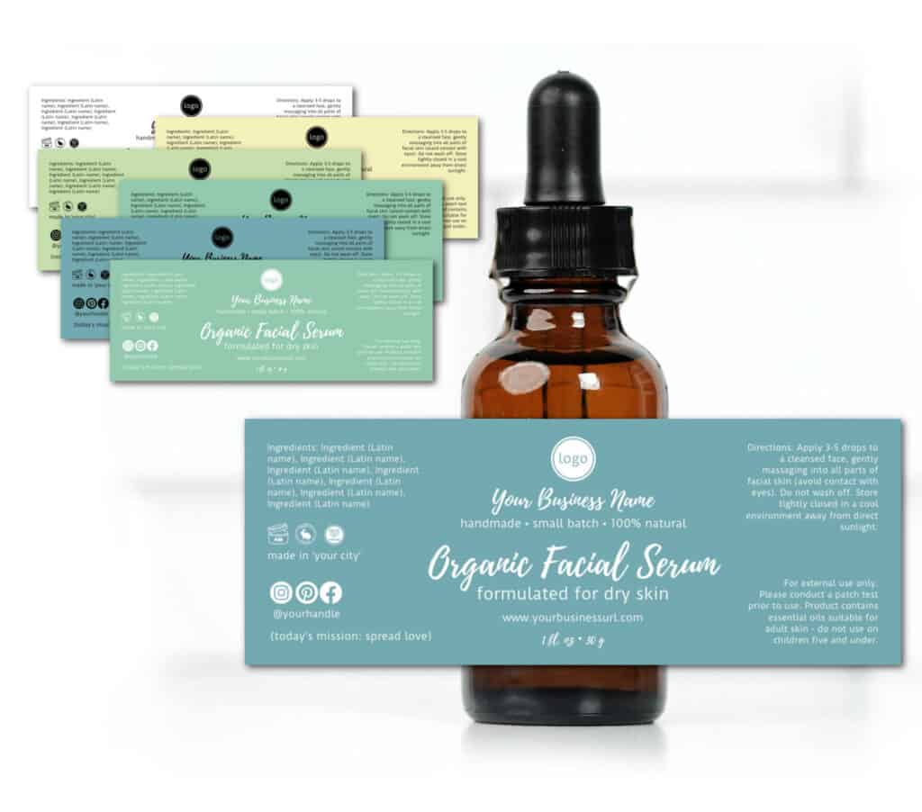 pastel skin care label template on a dropper top facial serum bottle