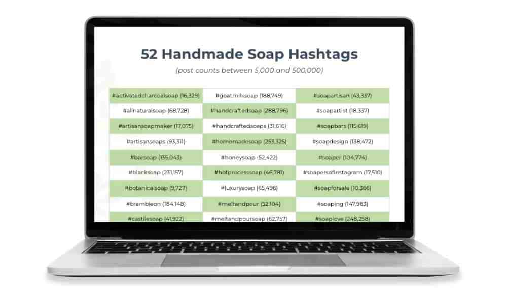 Researched handmade soap Instagram hashtags shown on laptop