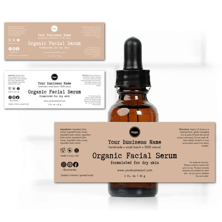 Kraft label template example shown on a bottle of facial serum