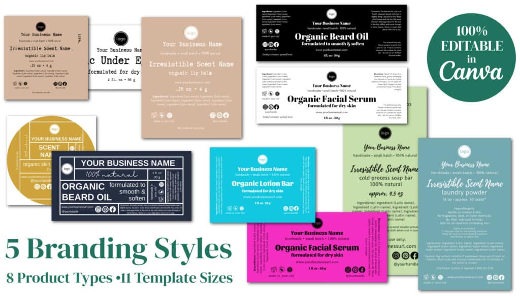 Sampling of all 5 skin care label brand styles and sizes