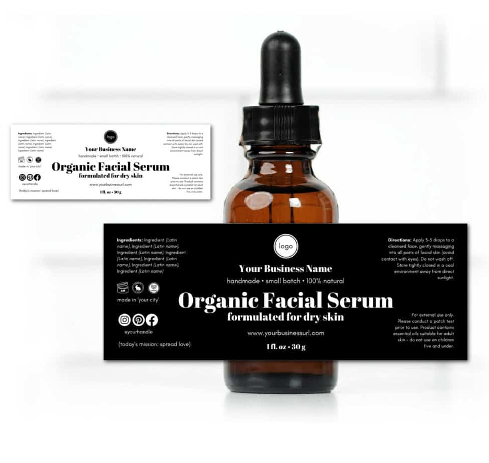 Minimalist skin care label on facial serum bottle