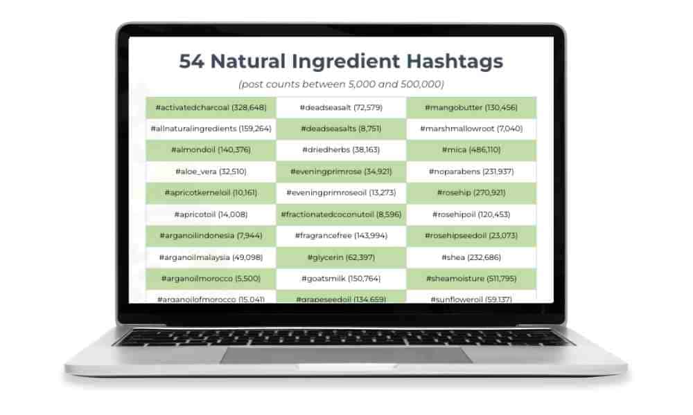 Researched natural skin care ingredient hashtags shown on laptop