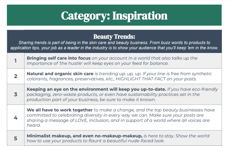Inspiration category overview for handmade business owners using the social media calendar