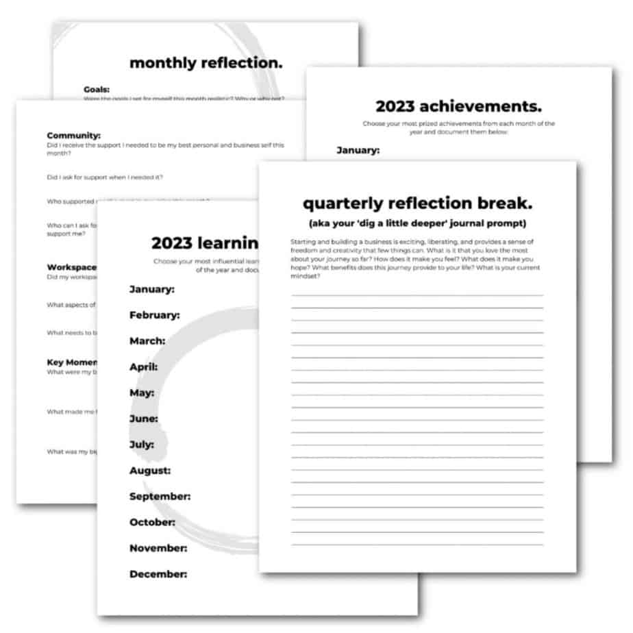 Final page spread showing the reflection sections in the 2023 Planner, Journal, and Success Tracker for Creative Entrepreneurs. Weekly, Monthly, Quarterly reflections with a separate annual section to document them all in one place.