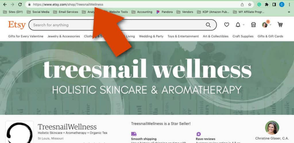 Red arrow pointing to Treesnail Wellness domain on Etsy.