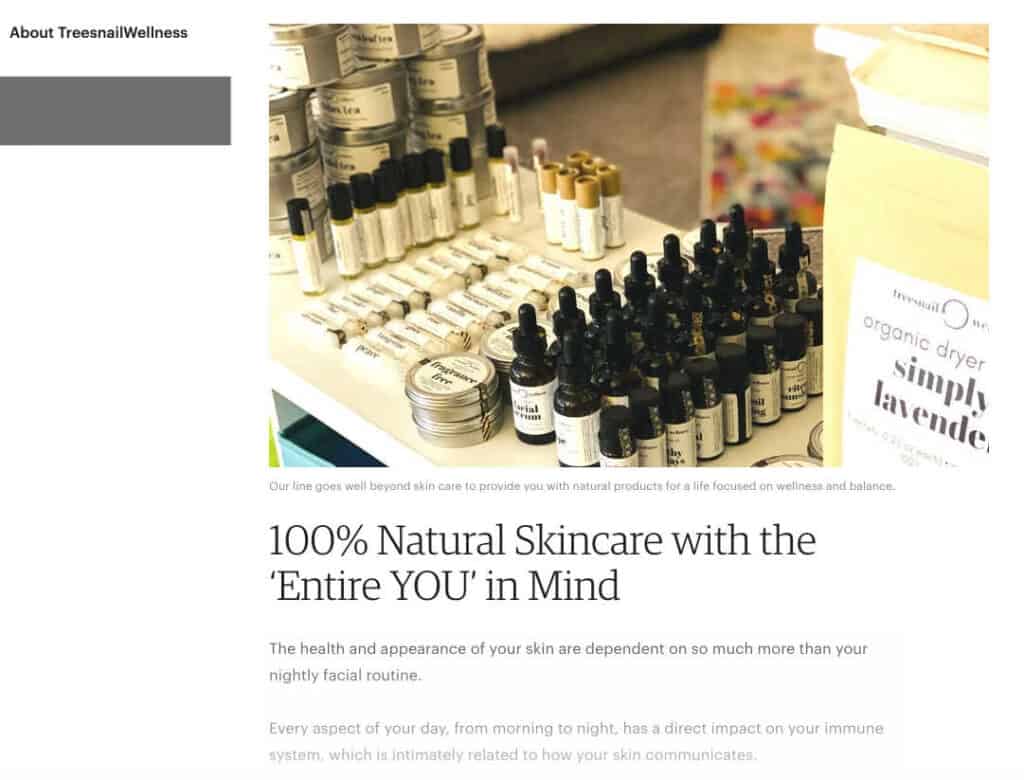 Treesnail Wellness About Section on Etsy Standard as an example for customizing and branding your shop.