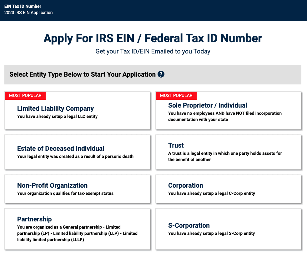 A screenshot of the IRS EIN application page