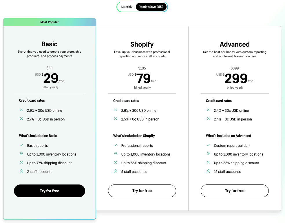 Monthly and annual pricing for Shopify subscriptions.