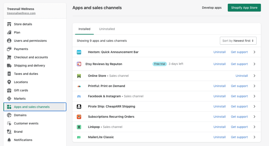 Apps installed on Treesnail Wellness Shopify site.