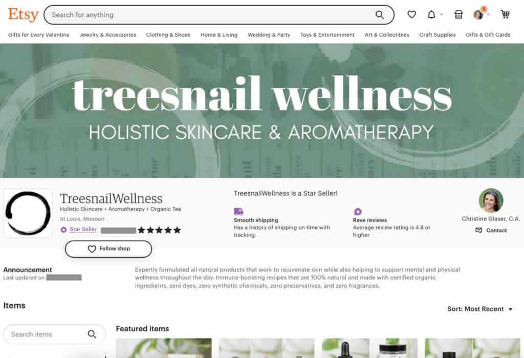 Treesnail Wellness home page example as to what a a marketplace shop looks like.