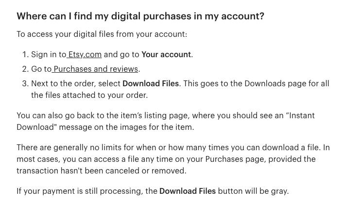Instructions for how to access digital purchases on Etsy