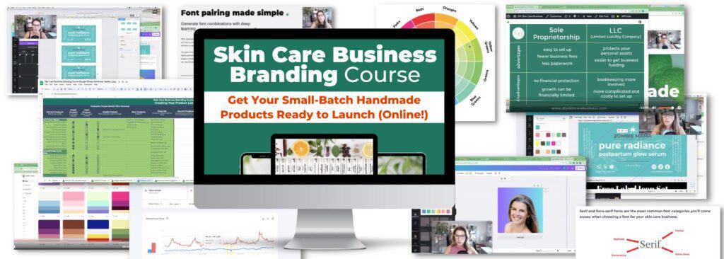 HERO Image of the Skin Care Business Branding Course that shows several different modules: fonts, color palettes, LLC info, label design, and market research.