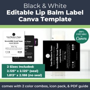 Black and White Lip Balm Label Template for handmade skincare businesses