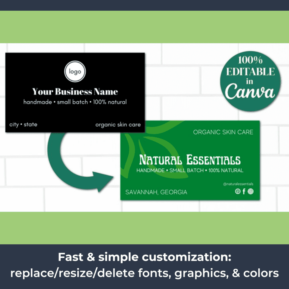 The black and white business card template is easily editable using Canva.