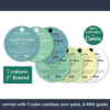 The pastel round label templates come with 7 color combinations, all customizable through Canva.