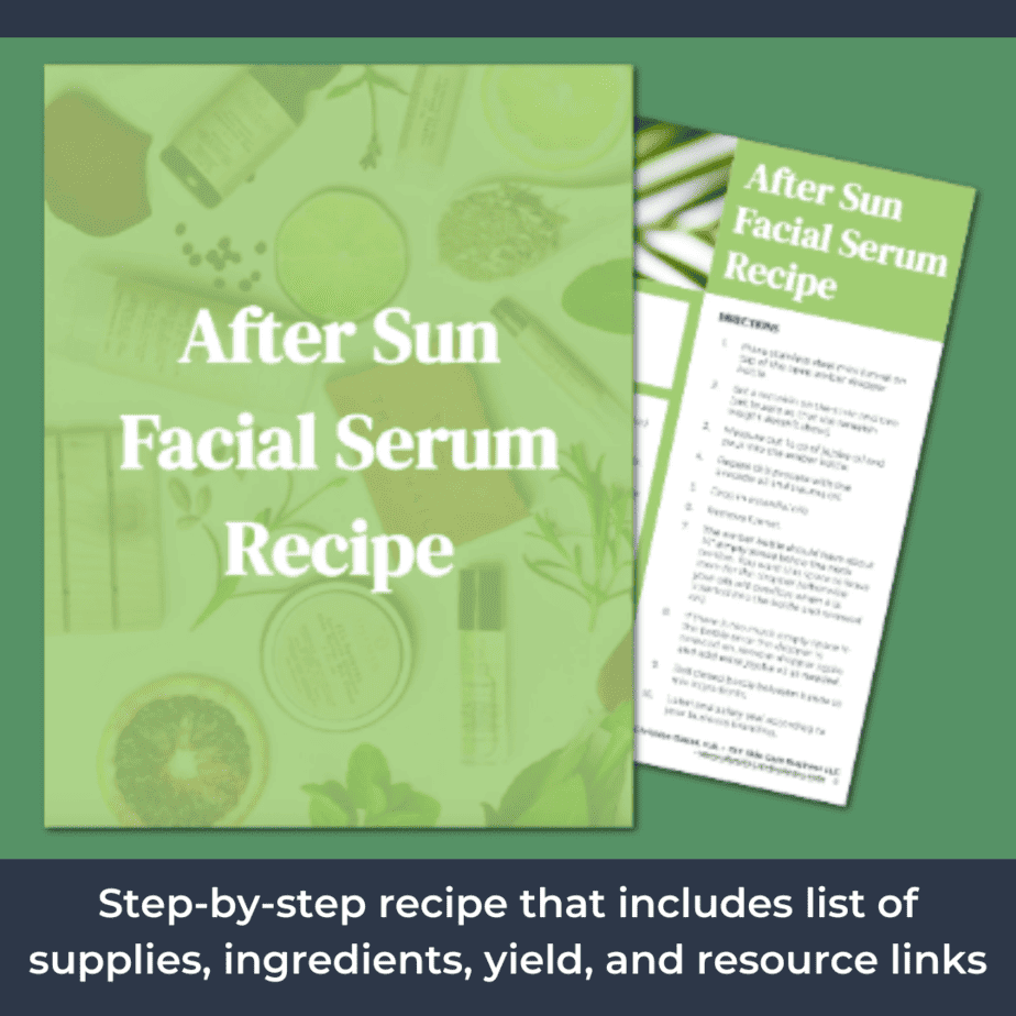 The after sun face serum recipe includes step-by-step instructions, list of supplies, ingredients, yield, and resource links.