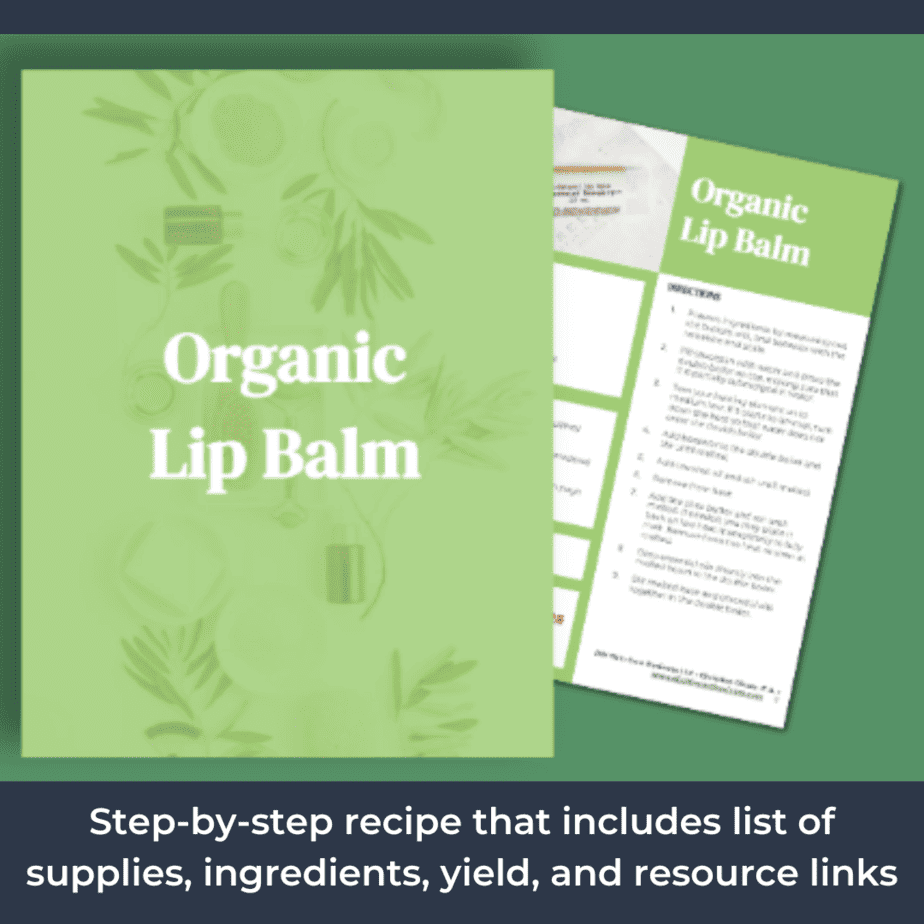 The organic lip balm recipe bundle include step-by-step instructions, 24 scents blends, list of supplies, ingredients, yield, and resource links.