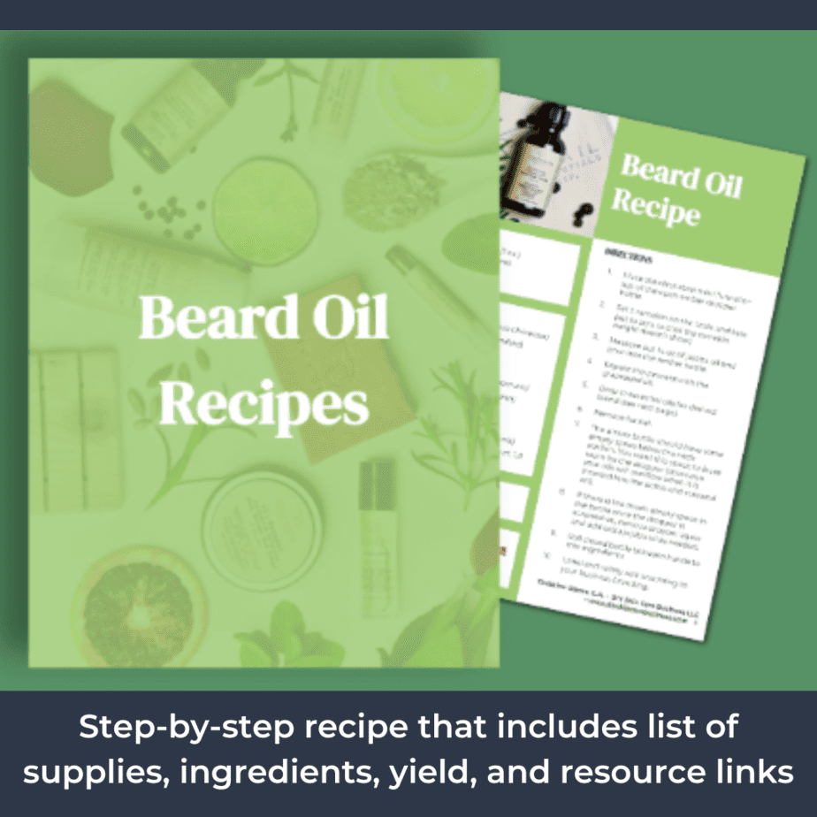 The beard oil recipe PDF includes step-by-step instructions, list of supplies, ingredients, yield, and resource links.