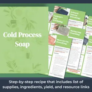 The cold process soap recipes include step-by-step instructions, list of supplies, ingredients, yield, and resource links.