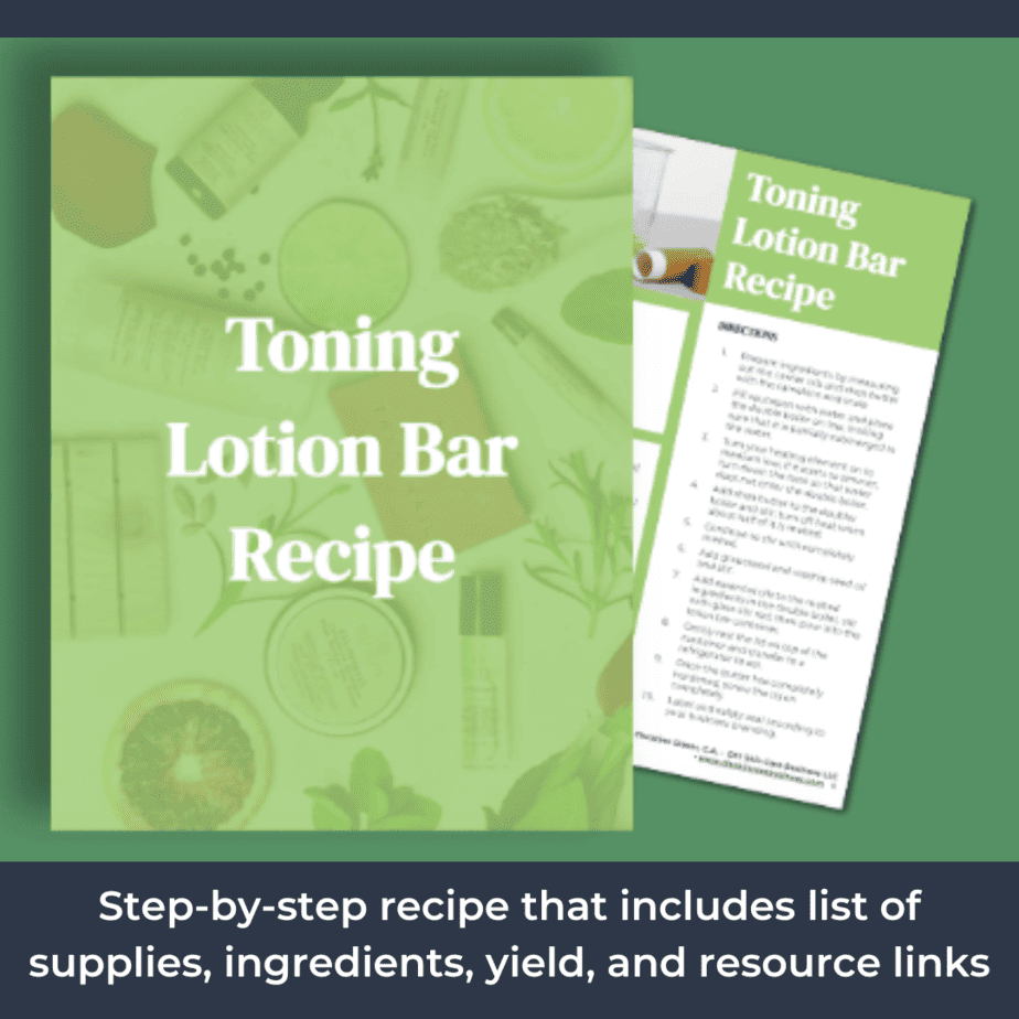 The toning lotion bar recipe includes supplies, ingredients, instructions, and resource links