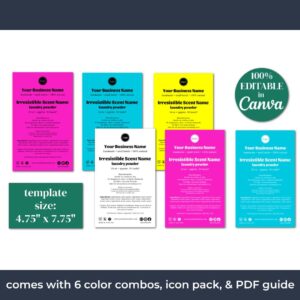 The neon laundry powder label templates come in six different color combinations.