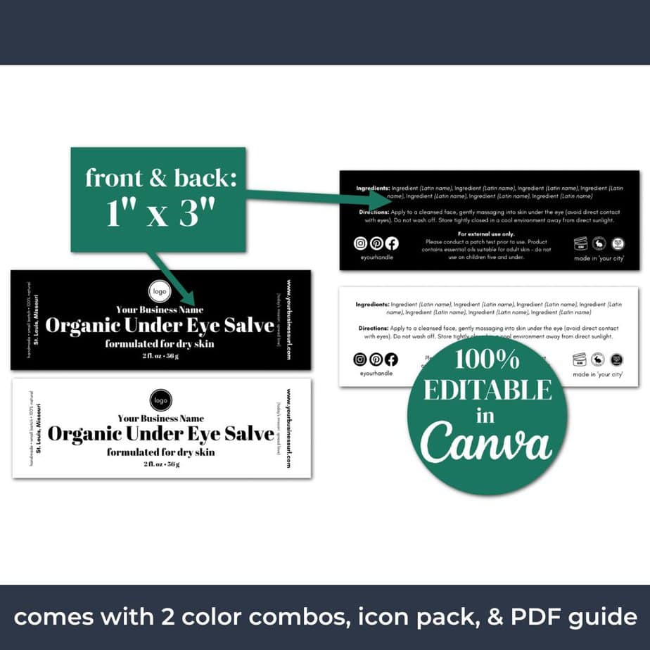 The black and white jar label template set comes with two color combinations that are fully customizable.