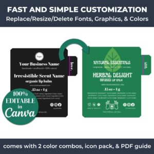 The lip balm label templates are easily customizable using Canva.