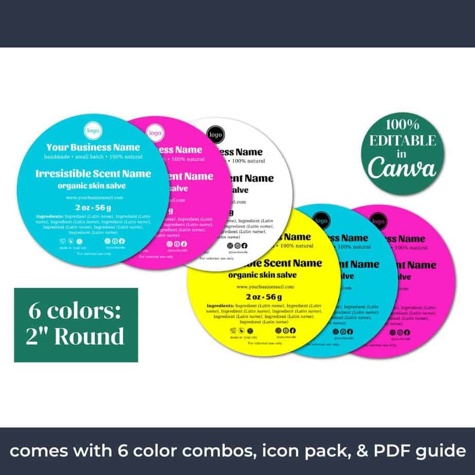 The round skincare label templates come with six color combinations.