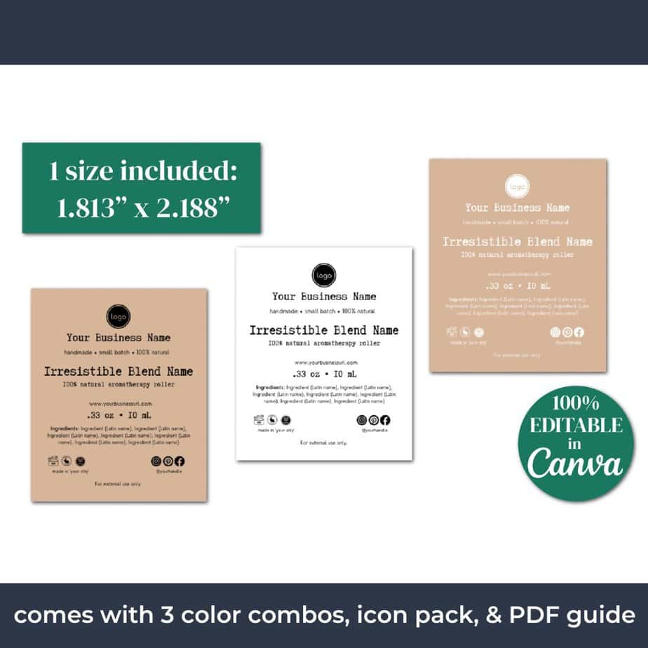 The kraft roller ball label templates come with 3 color combinations.