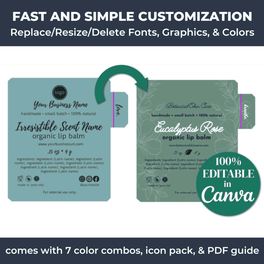 The pastel lip balm label template is easy to customize in Canva.