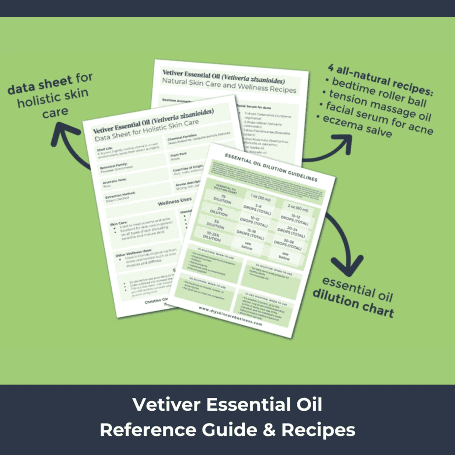 Dilution chart and recipes included in the Vetiver Essential Oil Guide