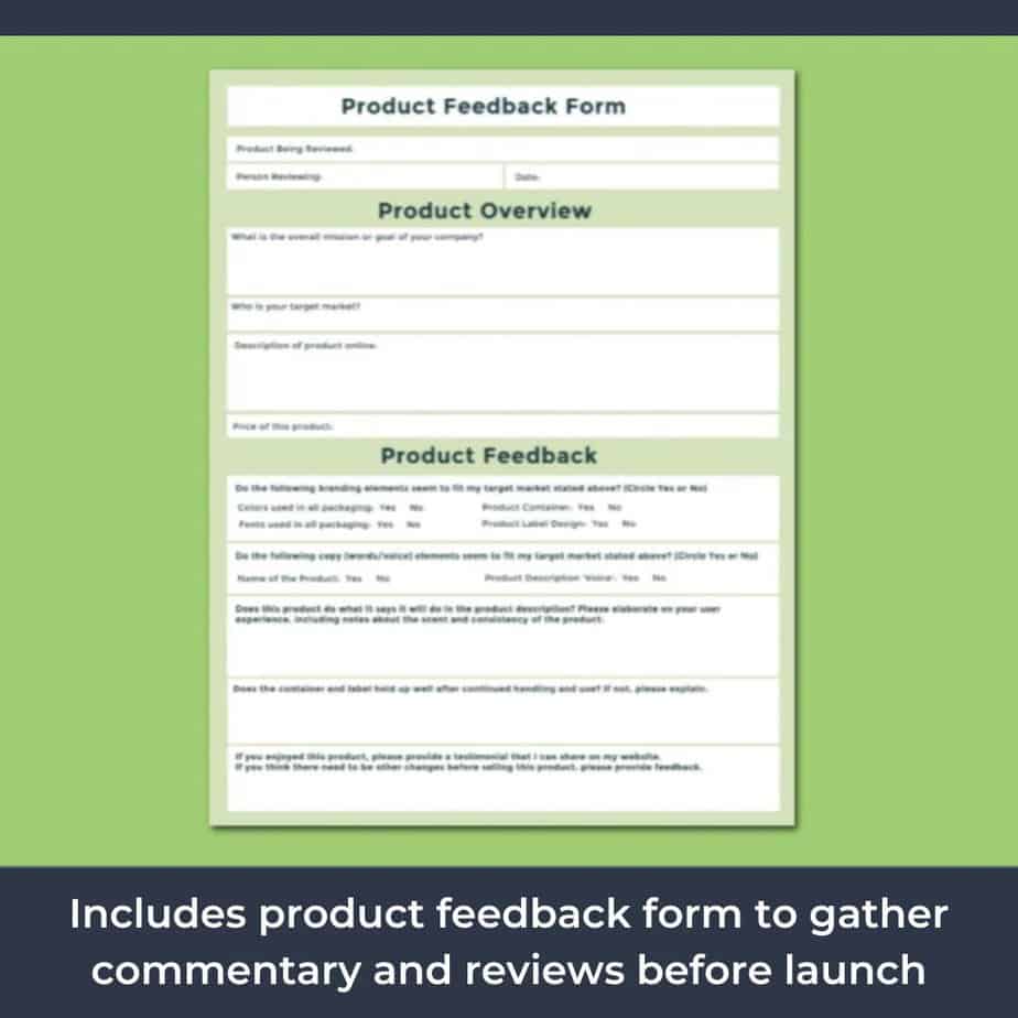 Product Feedback Form that comes with all DIY Skin Care Business recipe downloads