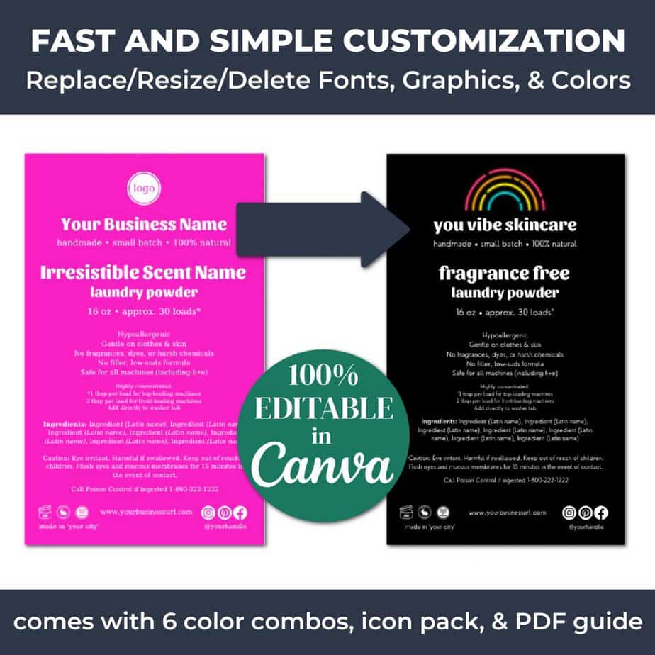 All neon laundry powder label templates are editable in Canva.