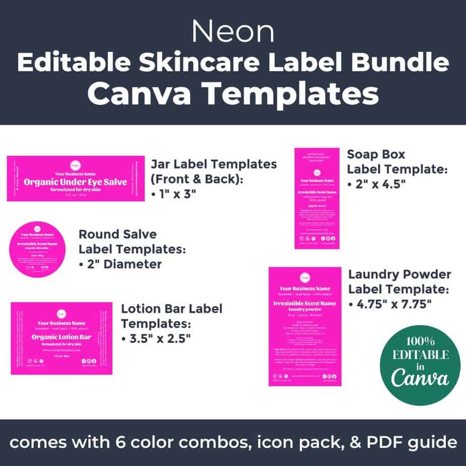 The neon skincare label templates come in 11 sizes for 8 different product types.