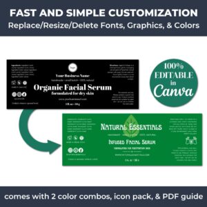 The black and white facial serum templates are easily editable using Canva.