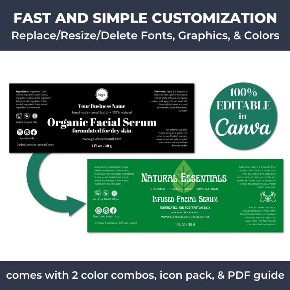 The black and white facial serum templates are easily editable using Canva.